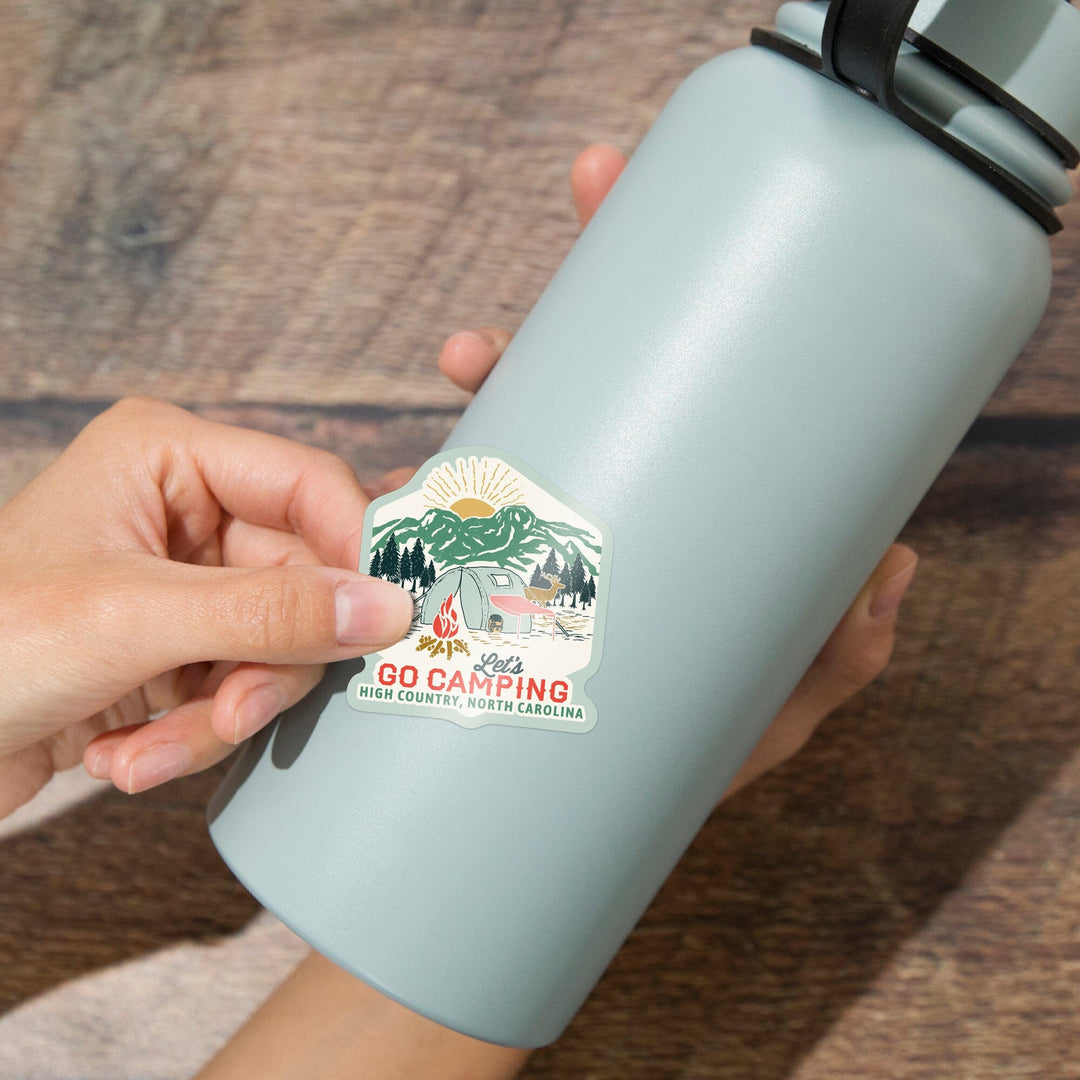 High Country, North Carolina, Let's go camping, Tent, Contour, Vinyl Sticker Sticker Lantern Press 