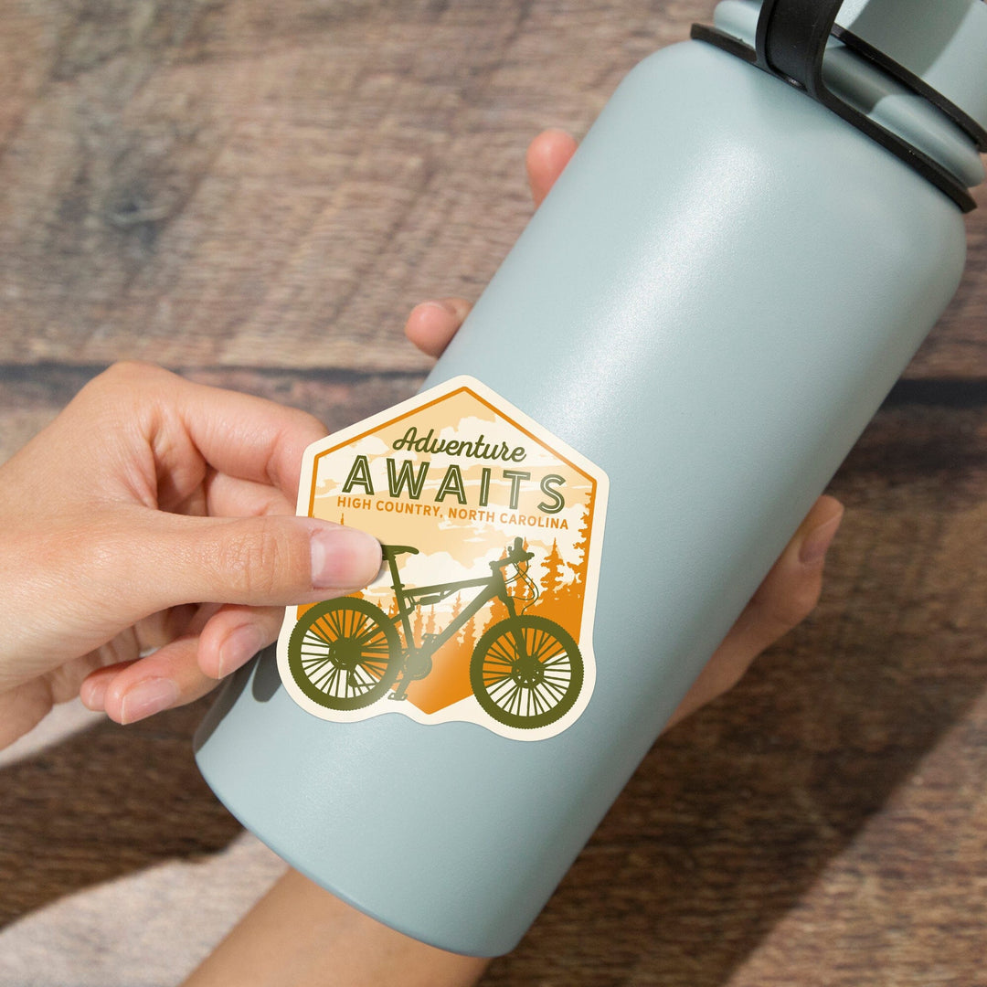 High Country, North Carolina, Mountain Bike, Adventure Awaits, Contour, Vinyl Sticker Sticker Lantern Press 