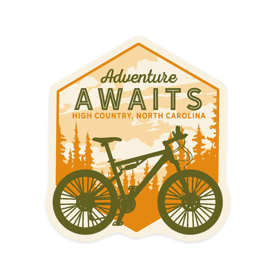 High Country, North Carolina, Mountain Bike, Adventure Awaits, Contour, Vinyl Sticker Sticker Lantern Press 