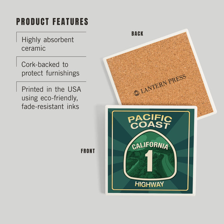 Highway 1, California, Pacific Coast Highway Sign, Coasters Coasters Lantern Press 