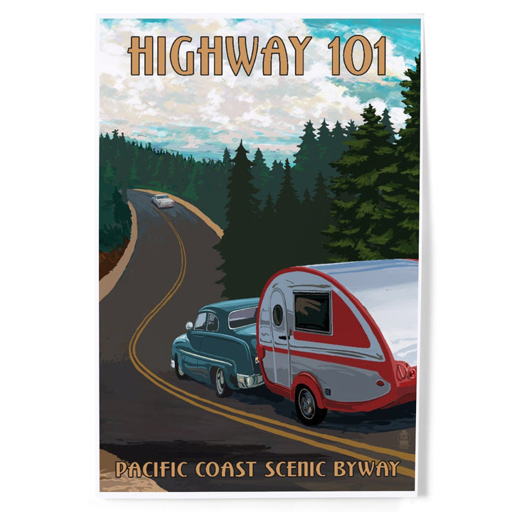 Highway 101, Pacific Coast Scenic Byway, Retro Camper, Art & Giclee Prints Art Lantern Press 