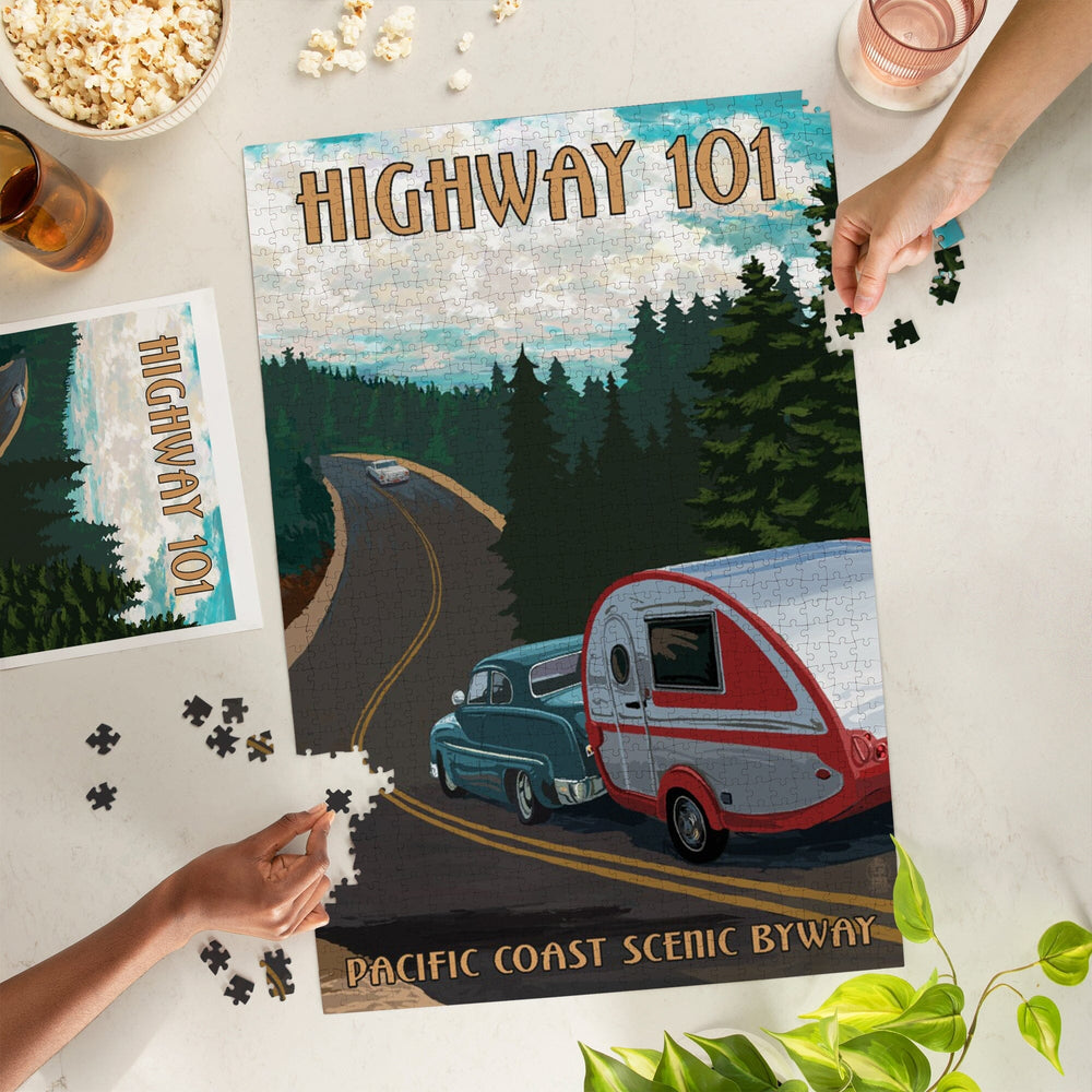 Highway 101, Pacific Coast Scenic Byway, Retro Camper, Jigsaw Puzzle Puzzle Lantern Press 