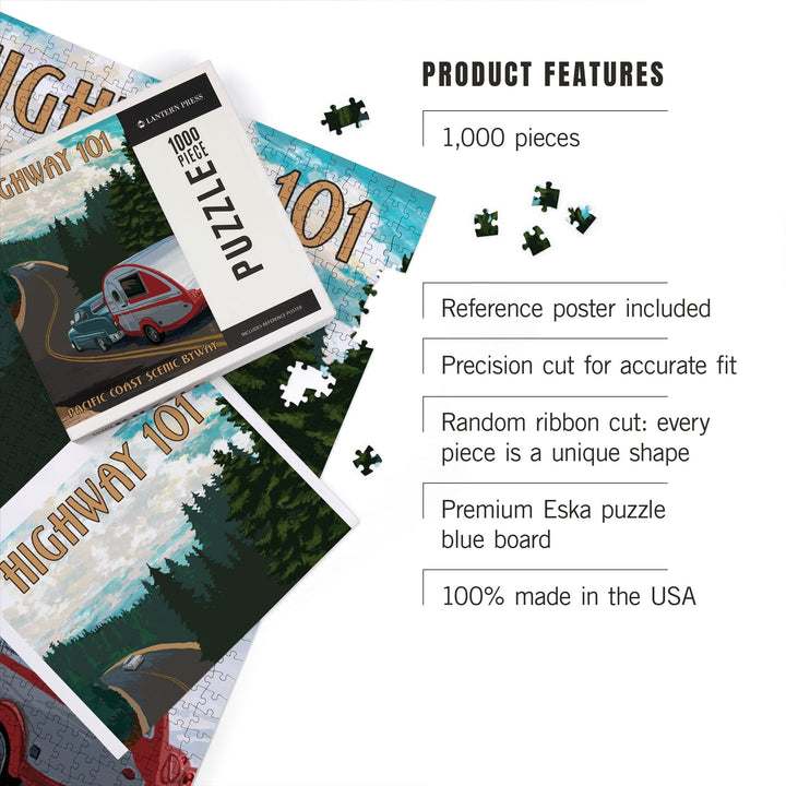 Highway 101, Pacific Coast Scenic Byway, Retro Camper, Jigsaw Puzzle Puzzle Lantern Press 