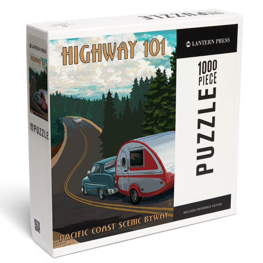 Highway 101, Pacific Coast Scenic Byway, Retro Camper, Jigsaw Puzzle Puzzle Lantern Press 