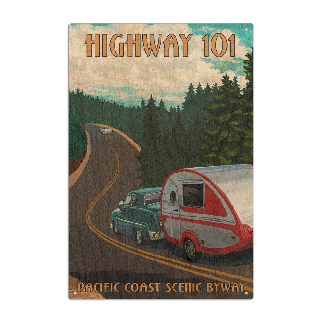 Highway 101, Pacific Coast Scenic Byway, Retro Camper, Lantern Press Artwork, Wood Signs and Postcards Wood Lantern Press 10 x 15 Wood Sign 