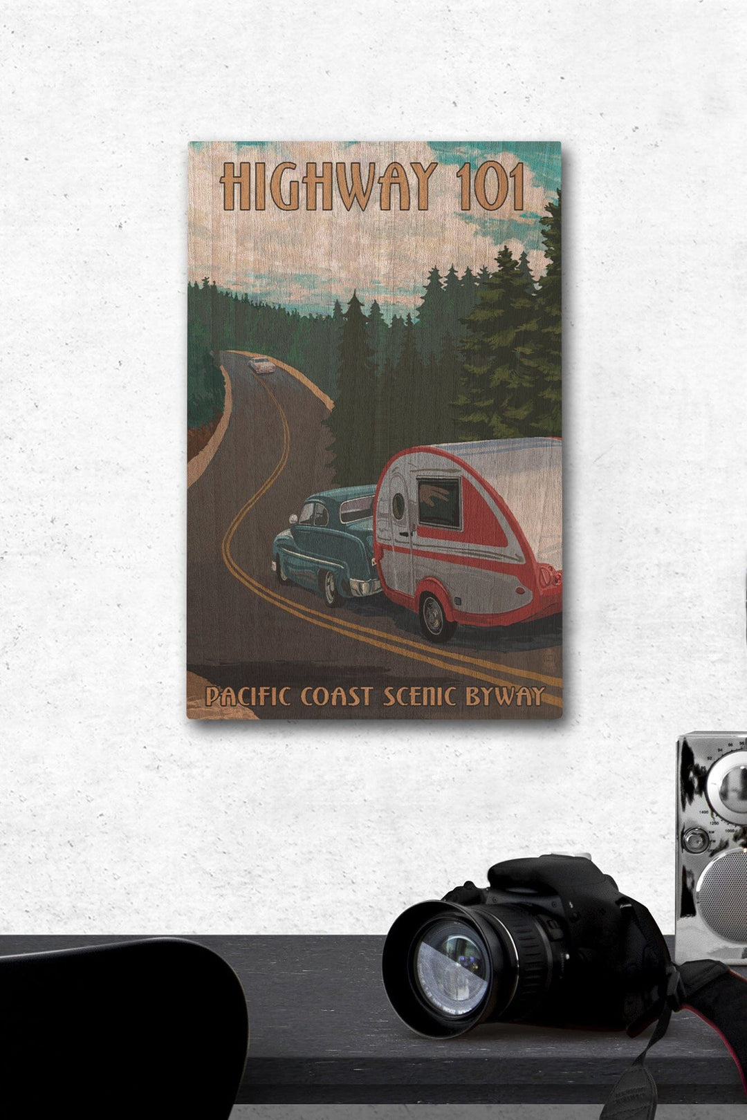 Highway 101, Pacific Coast Scenic Byway, Retro Camper, Lantern Press Artwork, Wood Signs and Postcards Wood Lantern Press 12 x 18 Wood Gallery Print 