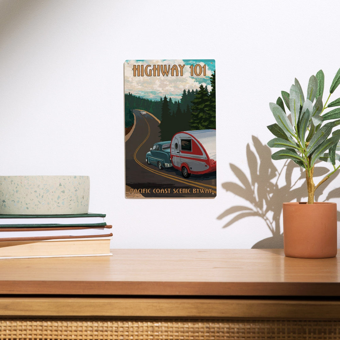 Highway 101, Pacific Coast Scenic Byway, Retro Camper, Lantern Press Artwork, Wood Signs and Postcards Wood Lantern Press 
