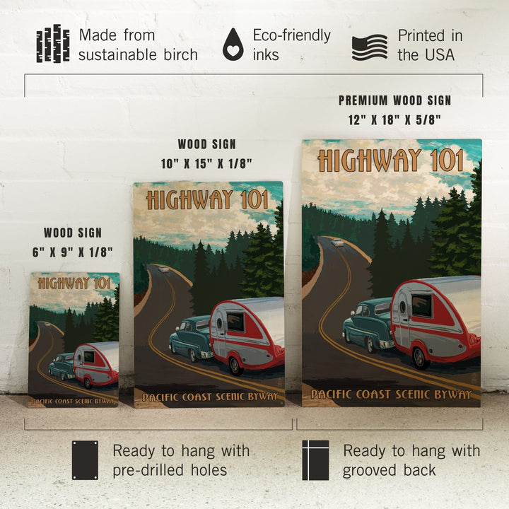 Highway 101, Pacific Coast Scenic Byway, Retro Camper, Lantern Press Artwork, Wood Signs and Postcards Wood Lantern Press 