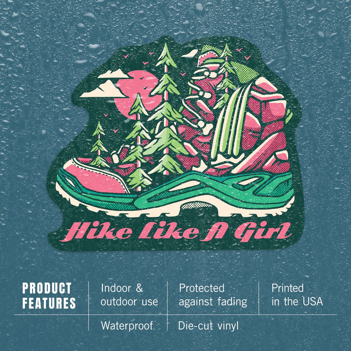 Hike Like a Girl, Hiking Boot, Lantern Press Artwork, Vinyl Sticker Sticker Lantern Press 