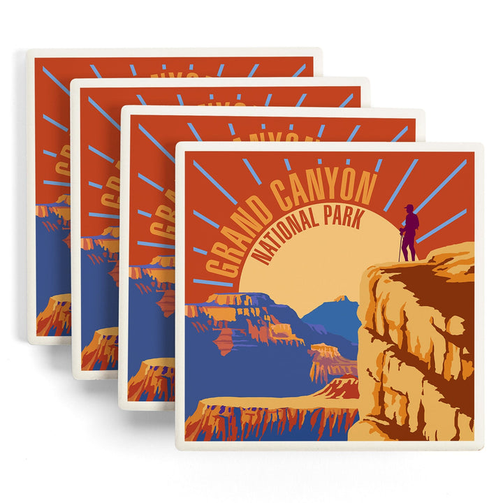 Hiker in Grand Canyon National Park, Psychedelic, Lantern Press Artwork, Coaster Set - Lantern Press