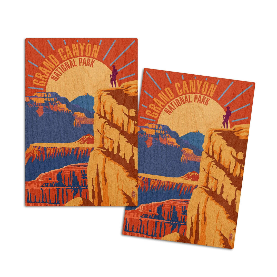 Hiker in Grand Canyon National Park, Psychedelic, Lantern Press Artwork, Wood Signs and Postcards Wood Lantern Press 4x6 Wood Postcard Set 