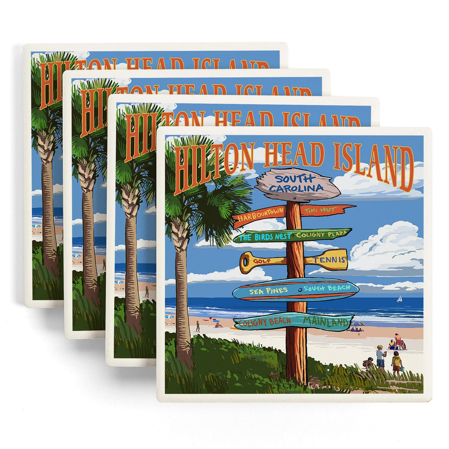 Hilton Head Island, South Carolina, Destinations Sign, Lantern Press Artwork, Coaster Set - Lantern Press