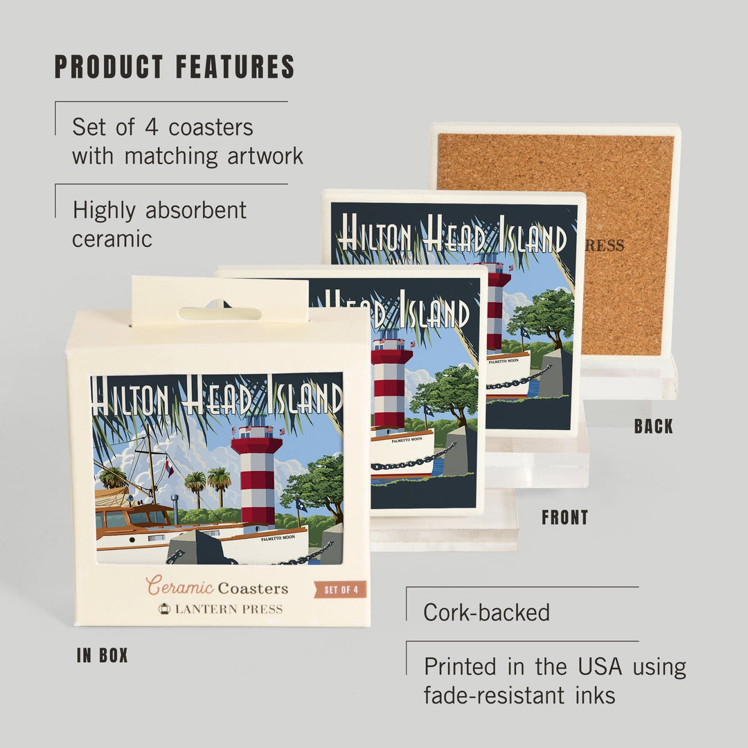 Hilton Head Island, South Carolina, Harbour Town Lighthouse, Lantern Press Artwork, Coaster Set - Lantern Press