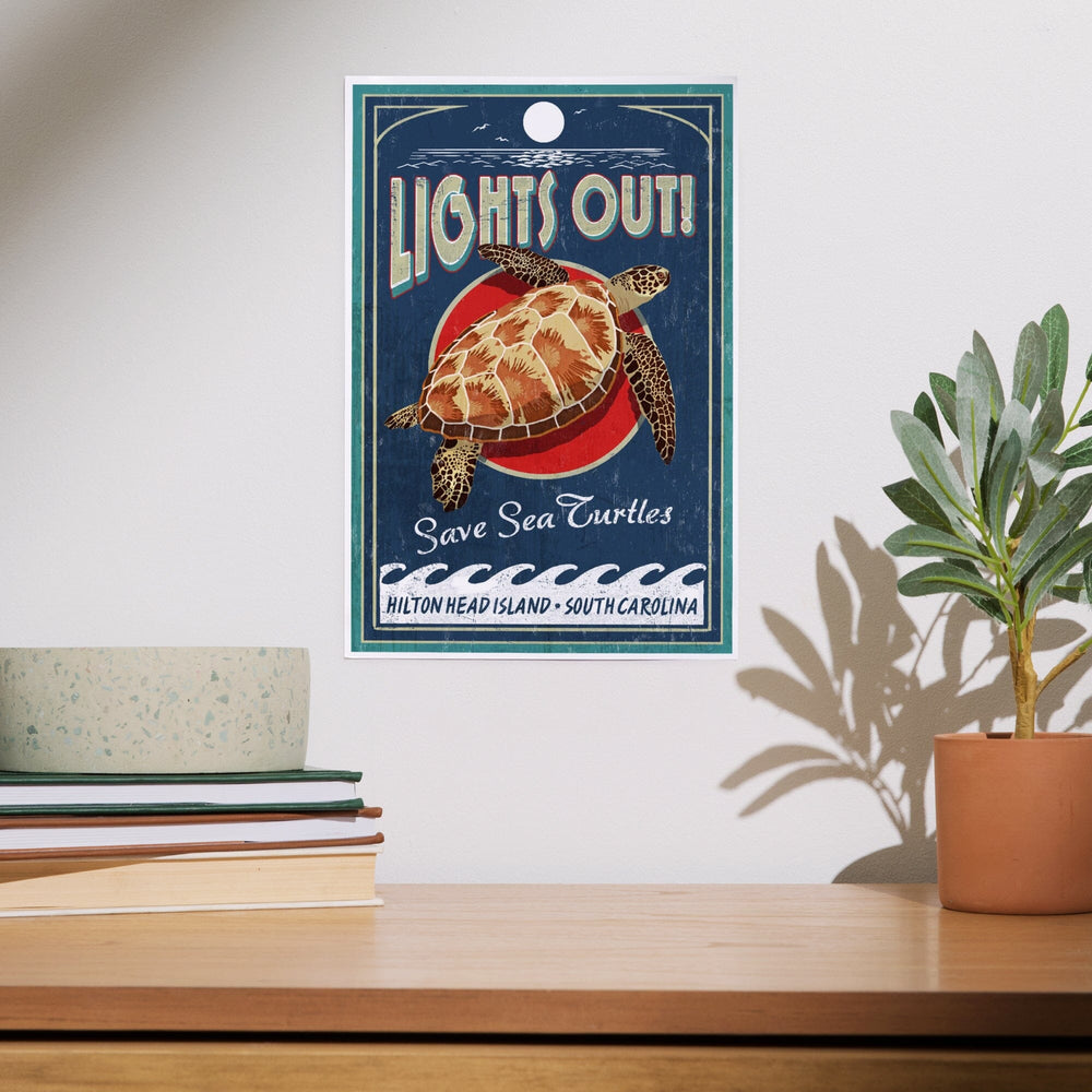 Hilton Head Island, South Carolina, Lights Out, Sea Turtle Vintage Sign, Art & Giclee Prints Art Lantern Press 