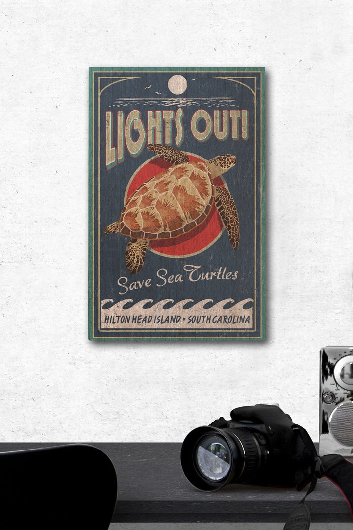 Hilton Head Island, South Carolina, Lights Out, Sea Turtle Vintage Sign, Lantern Press Artwork, Wood Signs and Postcards Wood Lantern Press 12 x 18 Wood Gallery Print 
