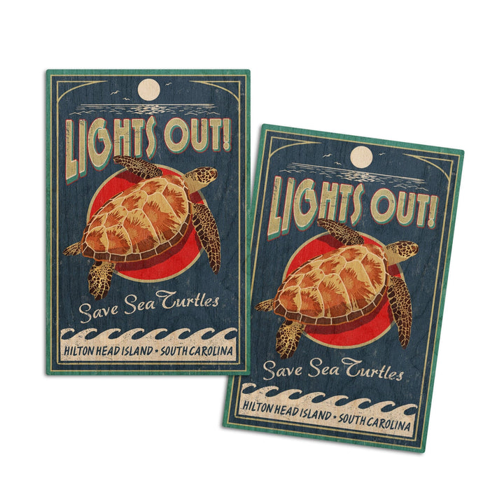 Hilton Head Island, South Carolina, Lights Out, Sea Turtle Vintage Sign, Lantern Press Artwork, Wood Signs and Postcards Wood Lantern Press 4x6 Wood Postcard Set 