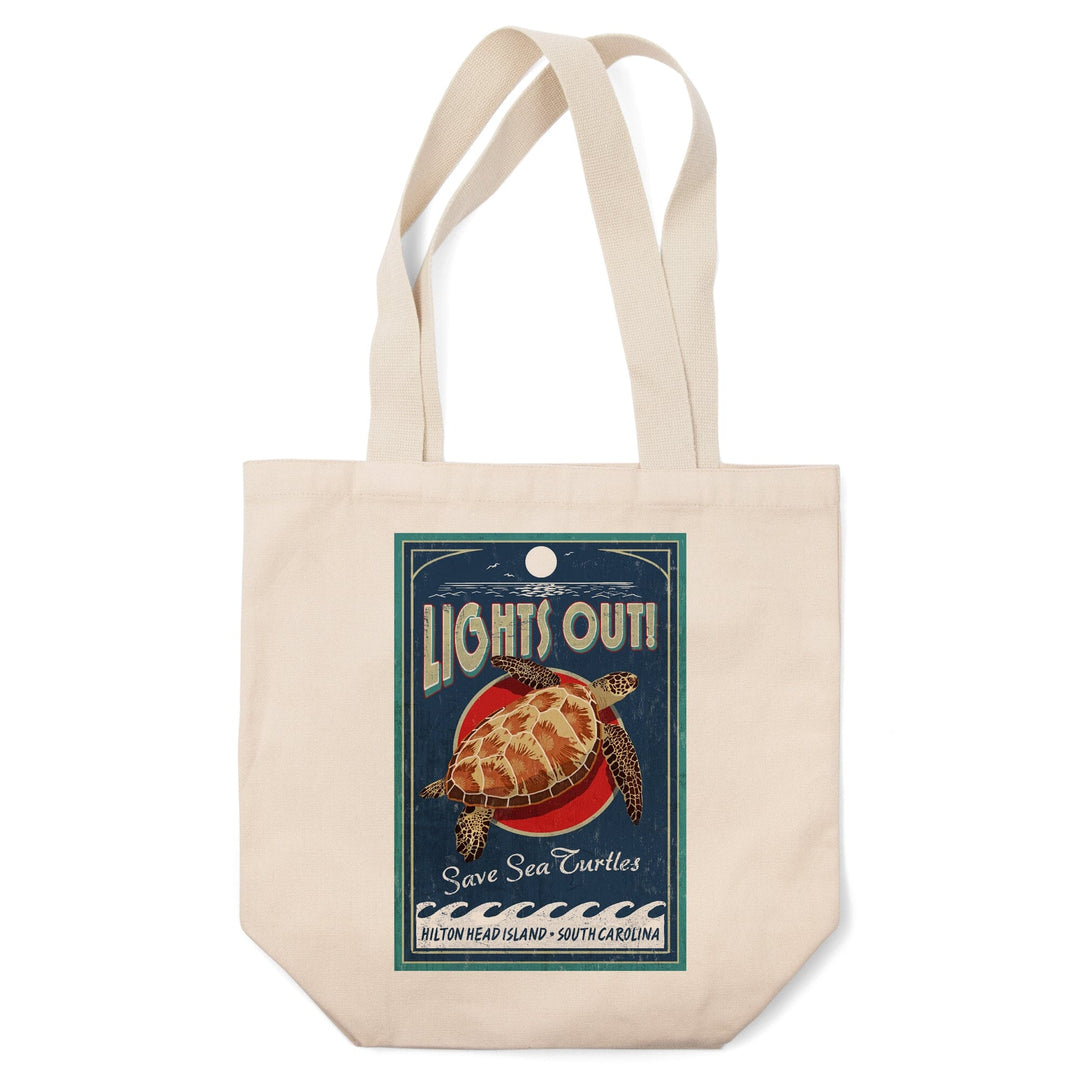 Hilton Head Island, South Carolina, Lights Out, Sea Turtle Vintage Sign, Tote Bag Totes Lantern Press 