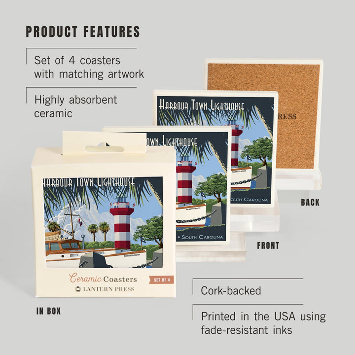 Hilton Head, South Carolina, Harbour Town Lighthouse, Lantern Press Artwork, Coaster Set - Lantern Press