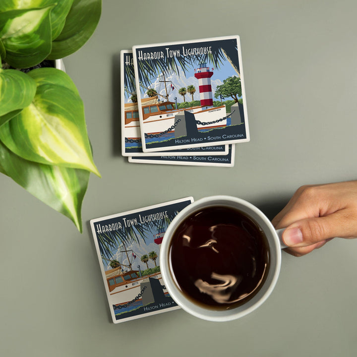 Hilton Head, South Carolina, Harbour Town Lighthouse, Lantern Press Artwork, Coaster Set - Lantern Press