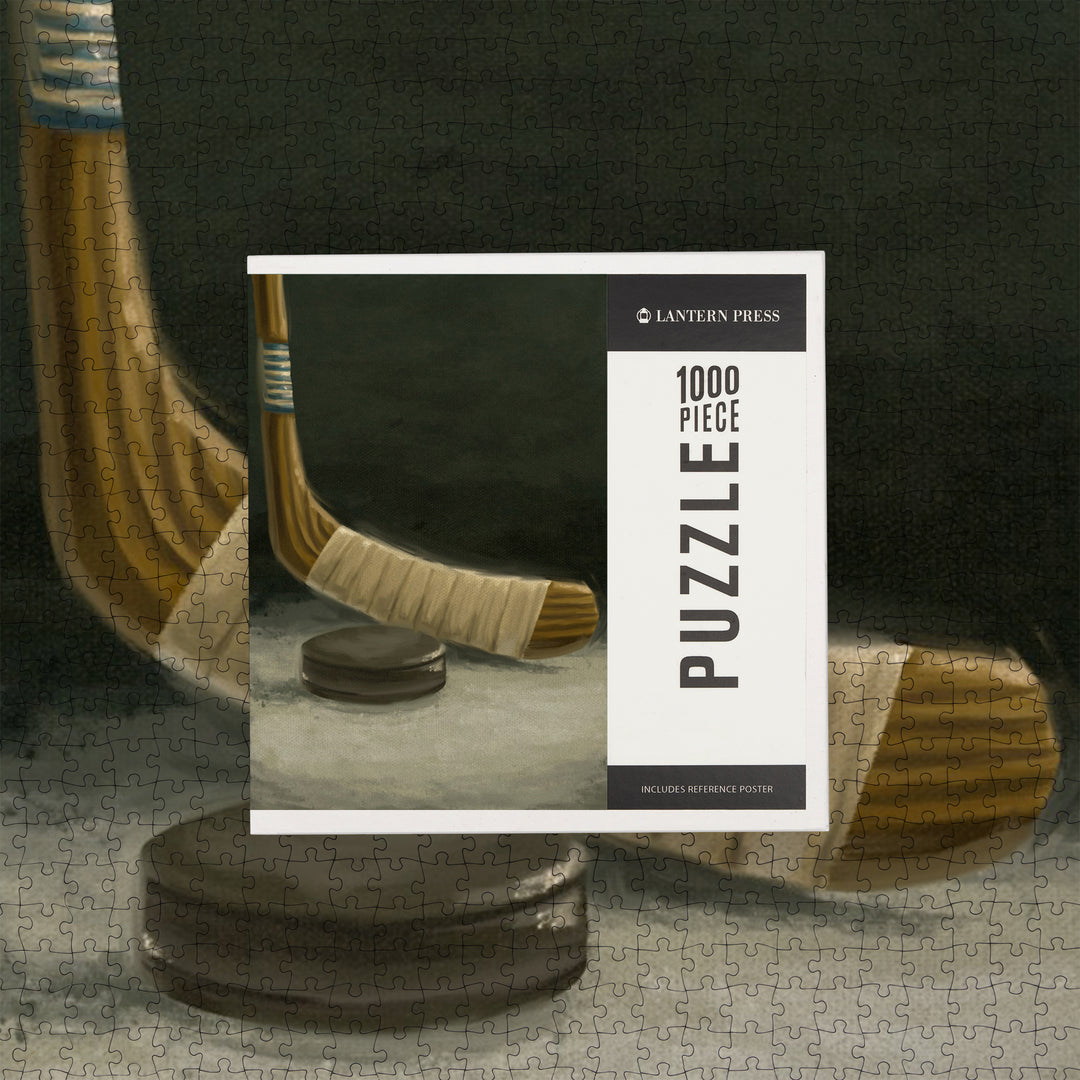 Hockey Stick and Puck, Oil Painting, Jigsaw Puzzle Puzzle Lantern Press 