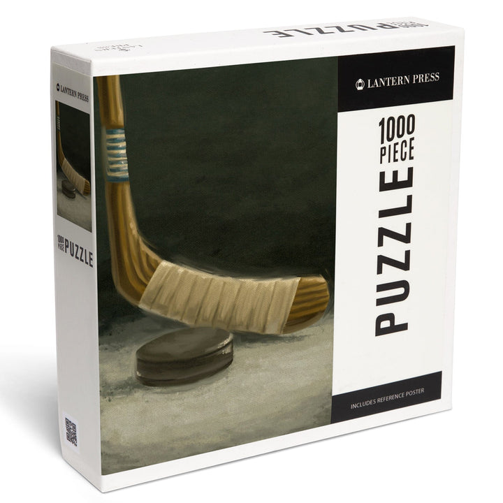 Hockey Stick and Puck, Oil Painting, Jigsaw Puzzle Puzzle Lantern Press 