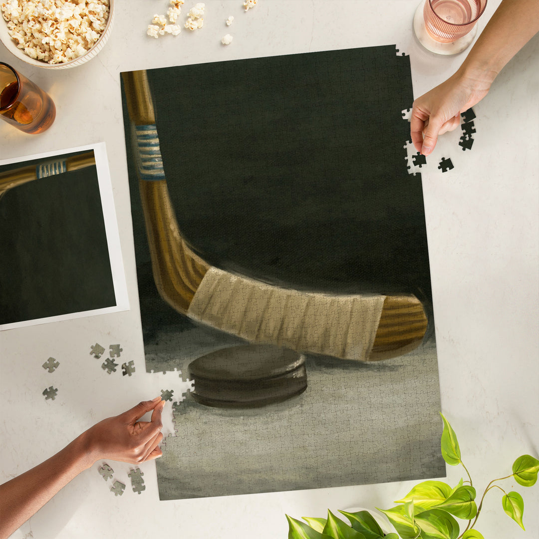 Hockey Stick and Puck, Oil Painting, Jigsaw Puzzle Puzzle Lantern Press 