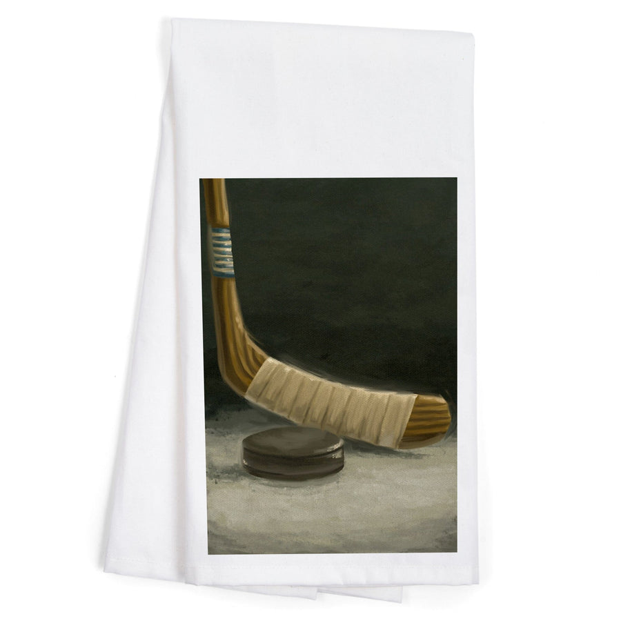 Hockey Stick and Puck, Oil Painting, Organic Cotton Kitchen Tea Towels Kitchen Lantern Press 