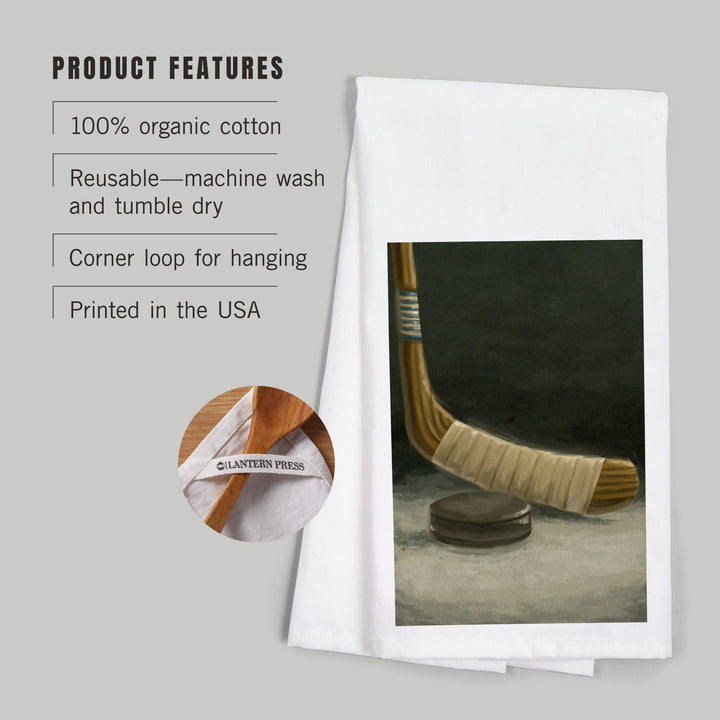 Hockey Stick and Puck, Oil Painting, Organic Cotton Kitchen Tea Towels Kitchen Lantern Press 
