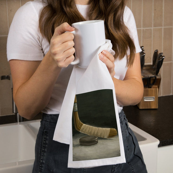 Hockey Stick and Puck, Oil Painting, Organic Cotton Kitchen Tea Towels Kitchen Lantern Press 