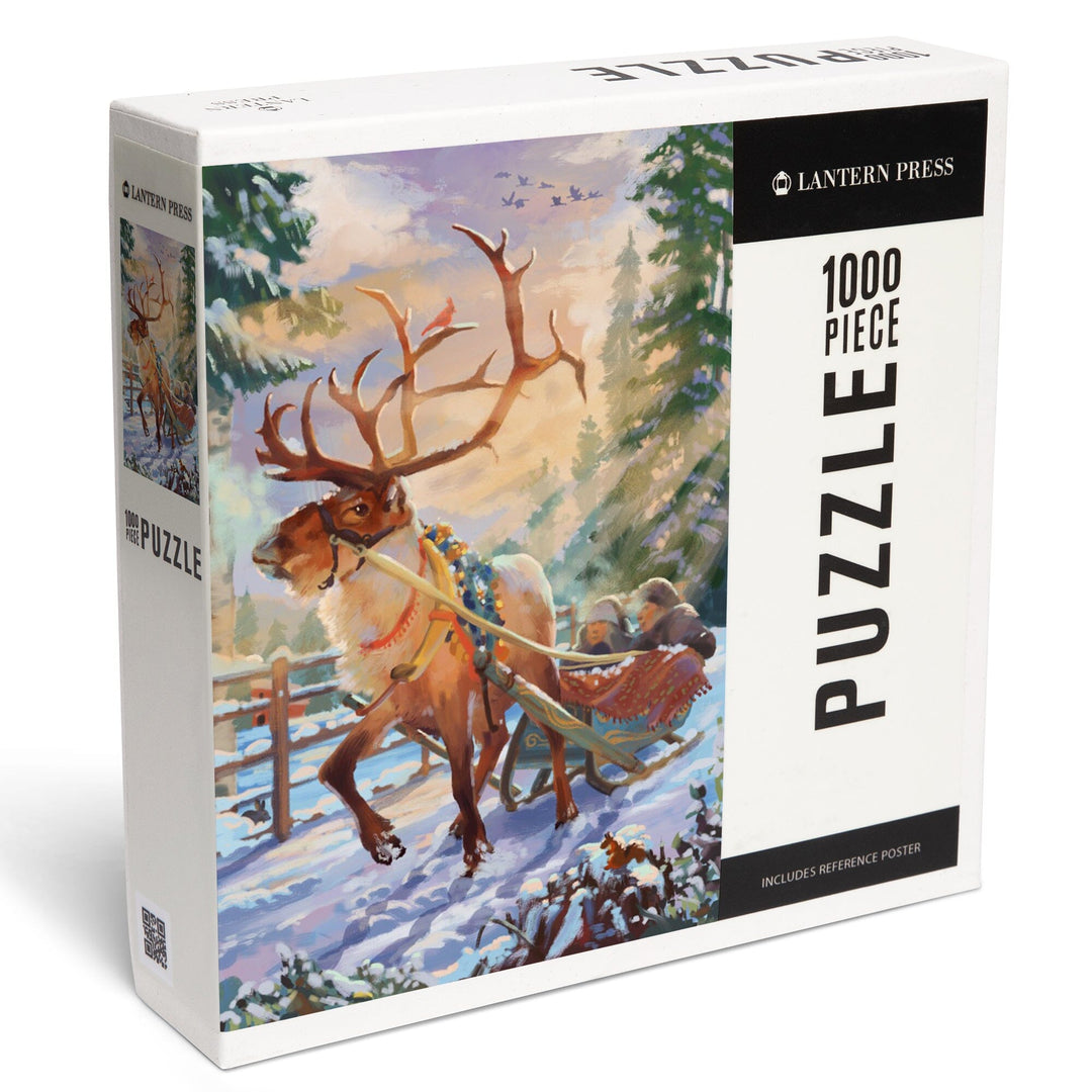 Holiday Tradition, Reindeer Sleigh Ride Through Mountain Snow, Jigsaw Puzzle Puzzle Lantern Press 