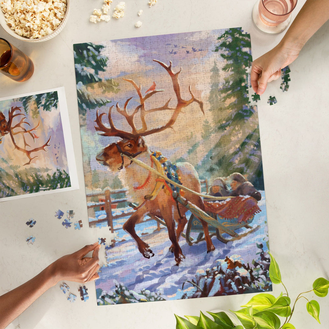 Holiday Tradition, Reindeer Sleigh Ride Through Mountain Snow, Jigsaw Puzzle Puzzle Lantern Press 