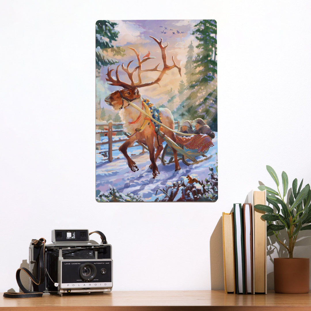 Holiday Tradition, Reindeer Sleigh Ride Through Mountain Snow, Metal Signs Metal Lantern Press 