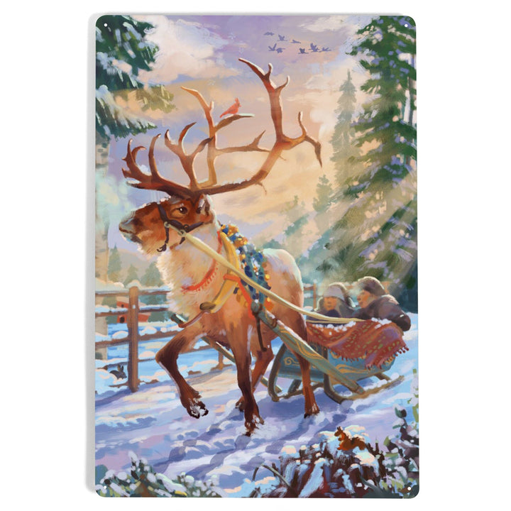 Holiday Tradition, Reindeer Sleigh Ride Through Mountain Snow, Metal Signs Metal Lantern Press 