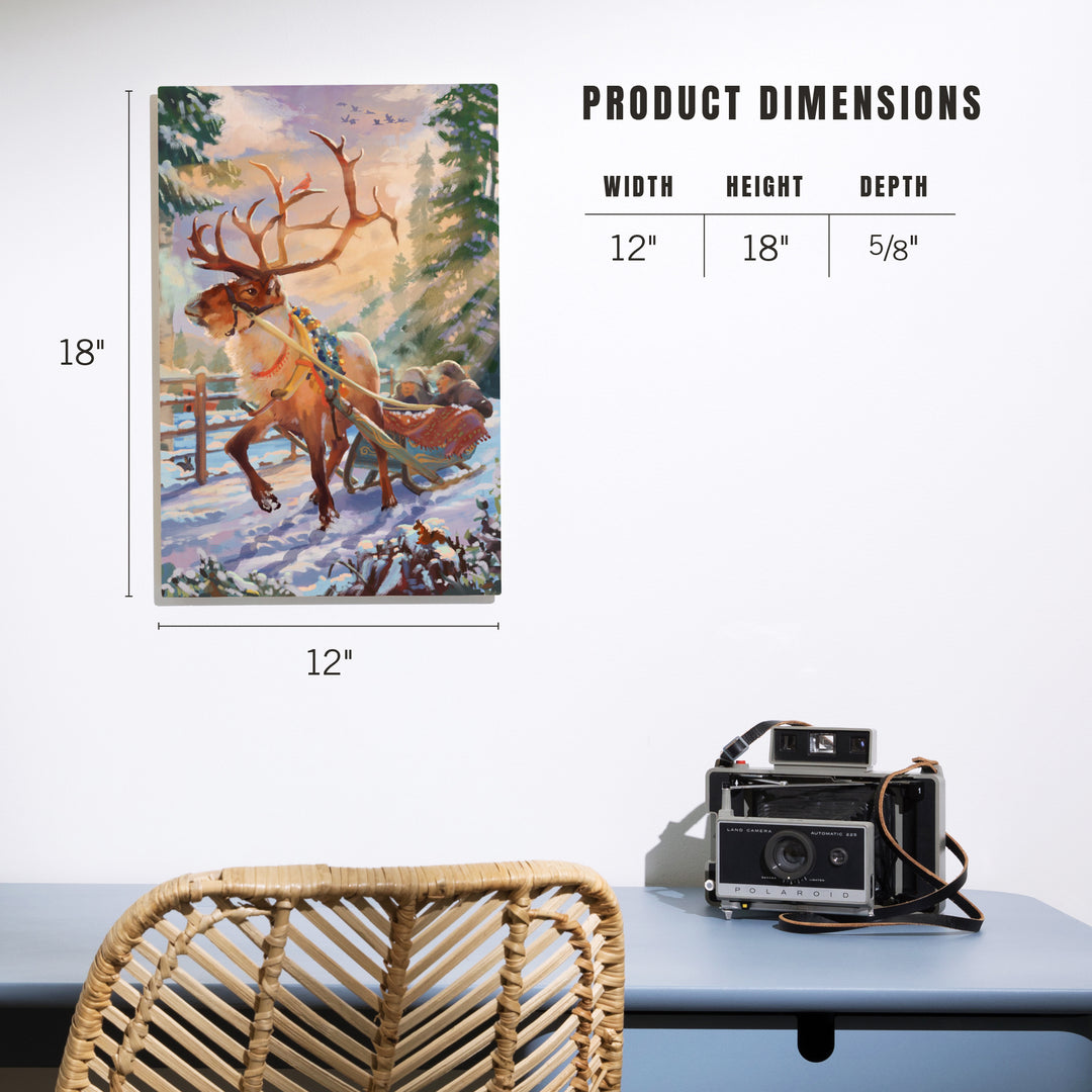 Holiday Tradition, Reindeer Sleigh Ride Through Mountain Snow, Wood Signs and Postcards Wood Lantern Press 
