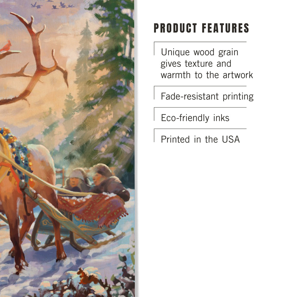 Holiday Tradition, Reindeer Sleigh Ride Through Mountain Snow, Wood Signs and Postcards Wood Lantern Press 