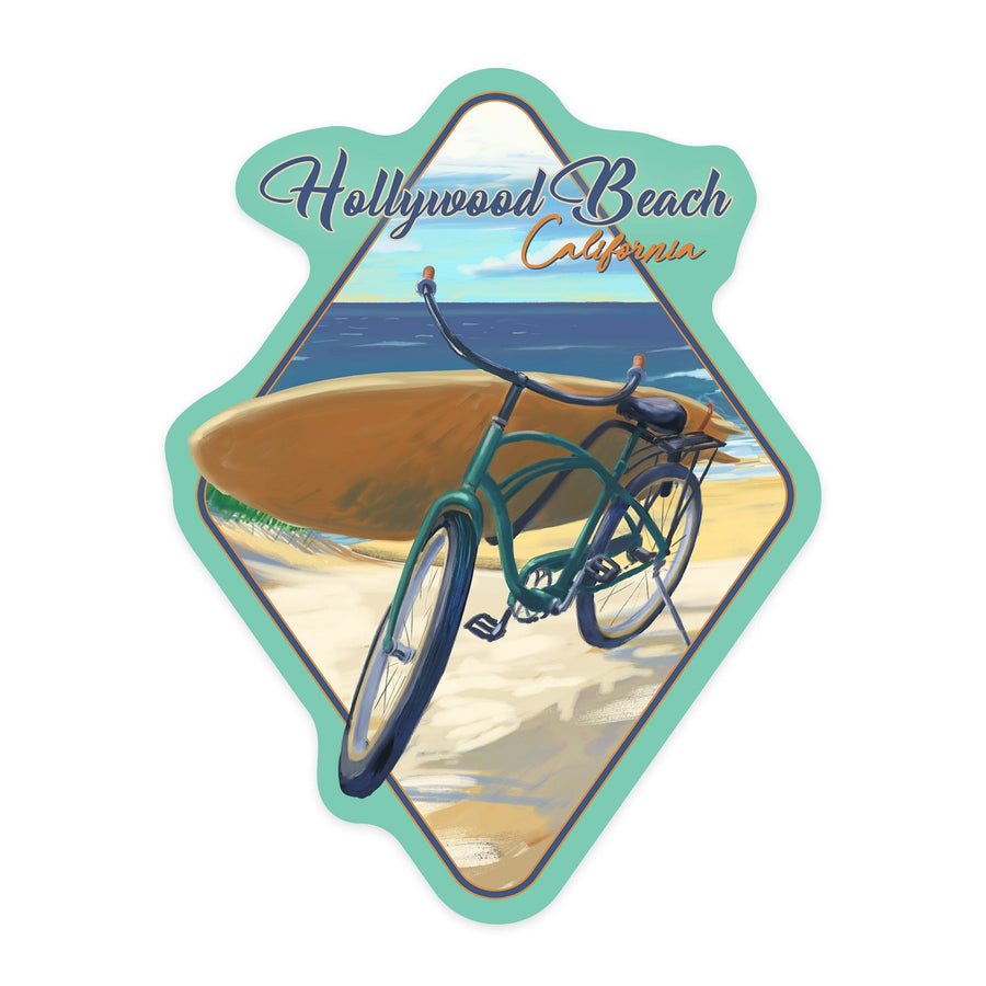 Hollywood Beach, California, Beach Cruiser on Beach, Contour, Vinyl Sticker Sticker Lantern Press 