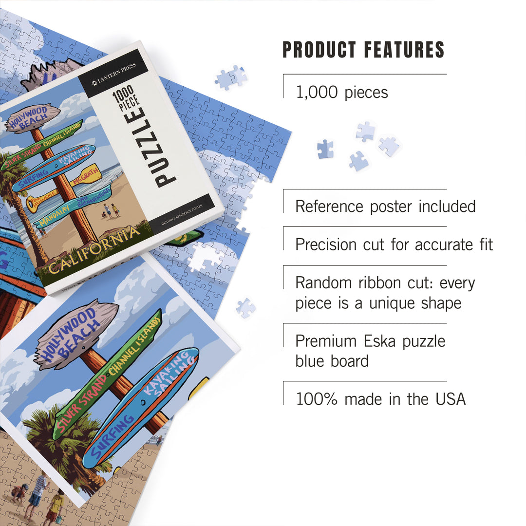 Hollywood Beach, California, Destination Sign, Jigsaw Puzzle Puzzle Lantern Press 