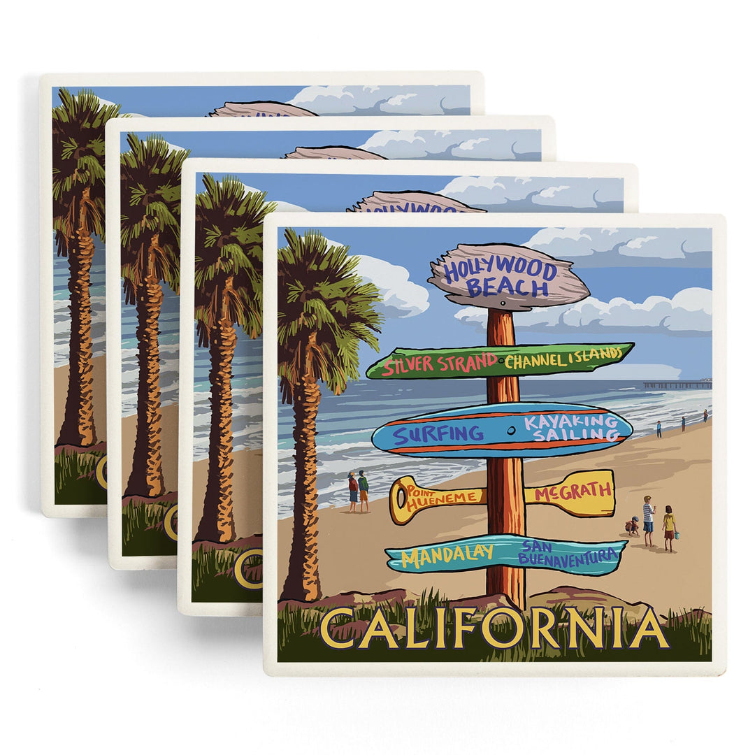 Hollywood Beach, California, Destination Sign, Lantern Press Artwork, Coaster Set - Lantern Press