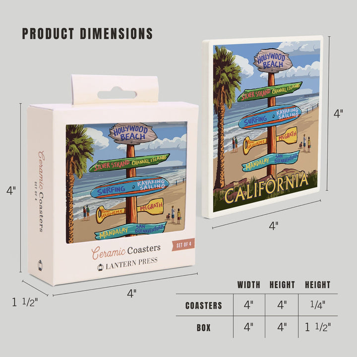 Hollywood Beach, California, Destination Sign, Lantern Press Artwork, Coaster Set - Lantern Press