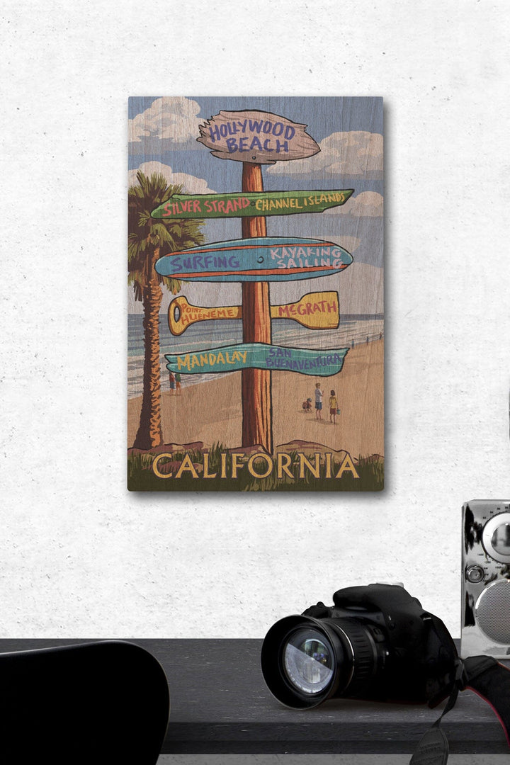 Hollywood Beach, California, Destination Sign, Lantern Press Artwork, Wood Signs and Postcards Wood Lantern Press 12 x 18 Wood Gallery Print 