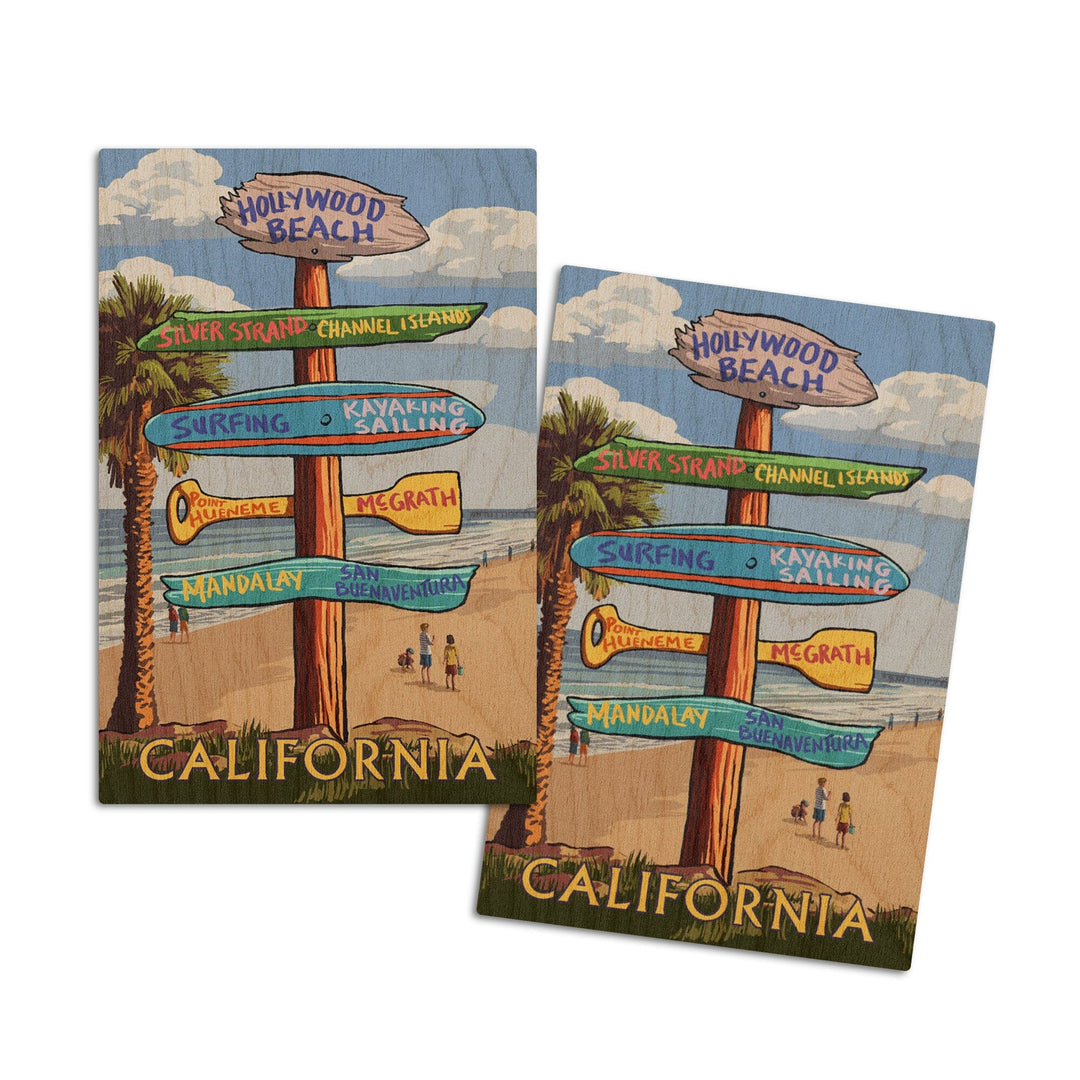 Hollywood Beach, California, Destination Sign, Lantern Press Artwork, Wood Signs and Postcards Wood Lantern Press 4x6 Wood Postcard Set 