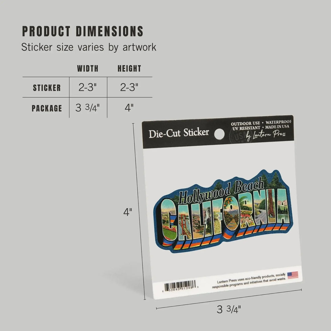 Hollywood Beach, California, Greetings, Contour, Vintage Postcard, Vinyl Sticker Sticker Lantern Press 