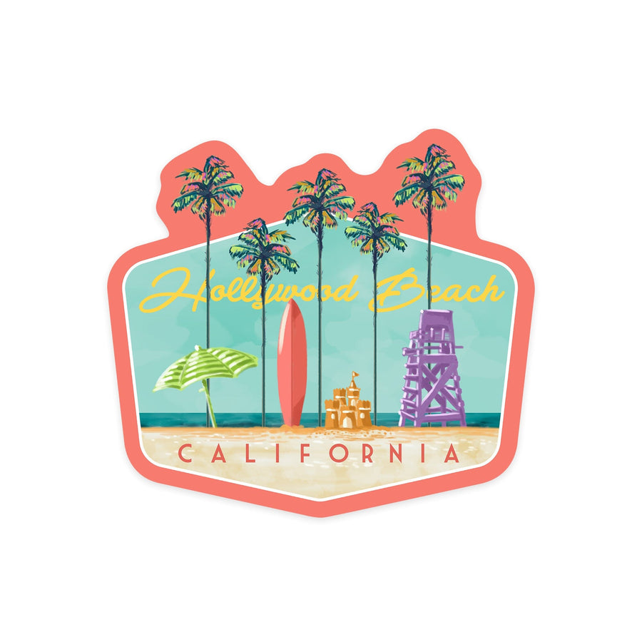 Hollywood Beach, California, Tall Palms Beach Scene, Contour, Vinyl Sticker Sticker Lantern Press 