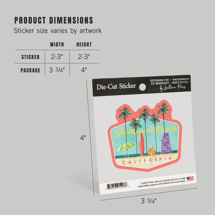 Hollywood Beach, California, Tall Palms Beach Scene, Contour, Vinyl Sticker Sticker Lantern Press 