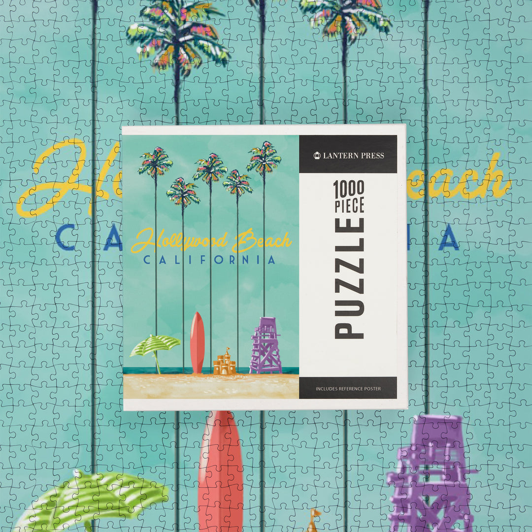 Hollywood Beach, California, Tall Palms Beach Scene, Jigsaw Puzzle Puzzle Lantern Press 