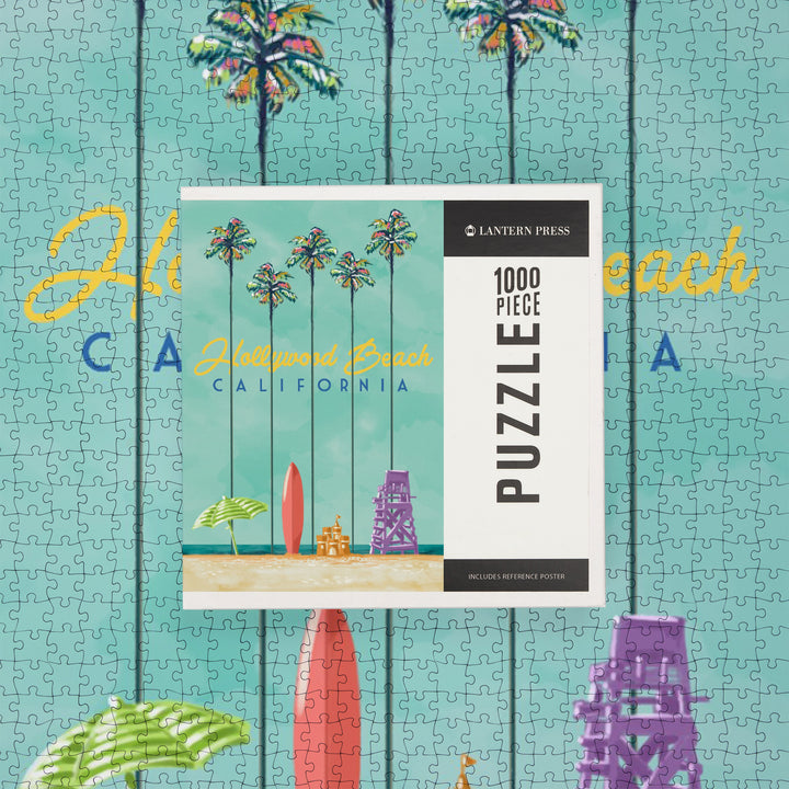 Hollywood Beach, California, Tall Palms Beach Scene, Jigsaw Puzzle Puzzle Lantern Press 