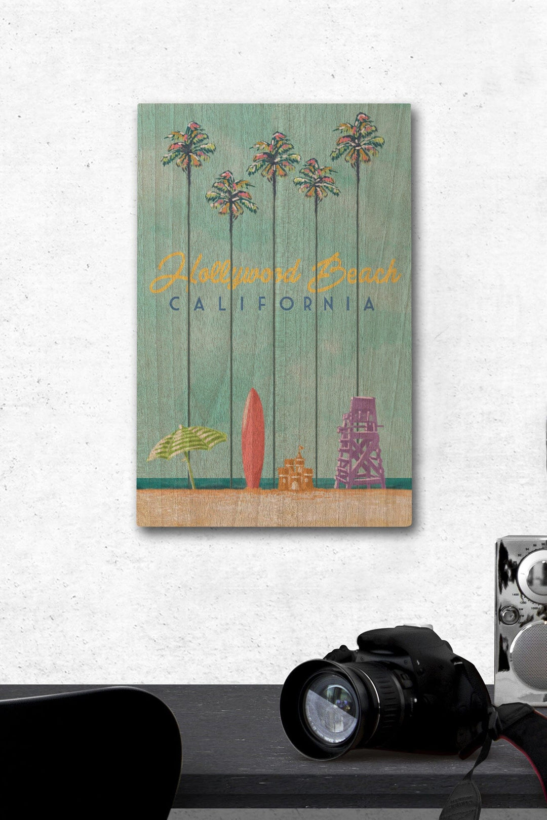 Hollywood Beach, California, Tall Palms Beach Scene, Lantern Press Artwork, Wood Signs and Postcards Wood Lantern Press 12 x 18 Wood Gallery Print 