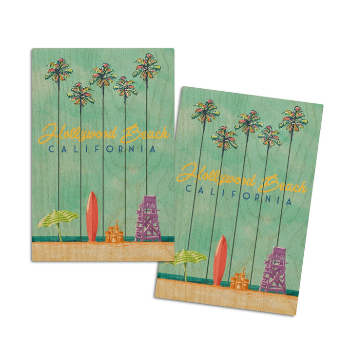 Hollywood Beach, California, Tall Palms Beach Scene, Lantern Press Artwork, Wood Signs and Postcards Wood Lantern Press 4x6 Wood Postcard Set 