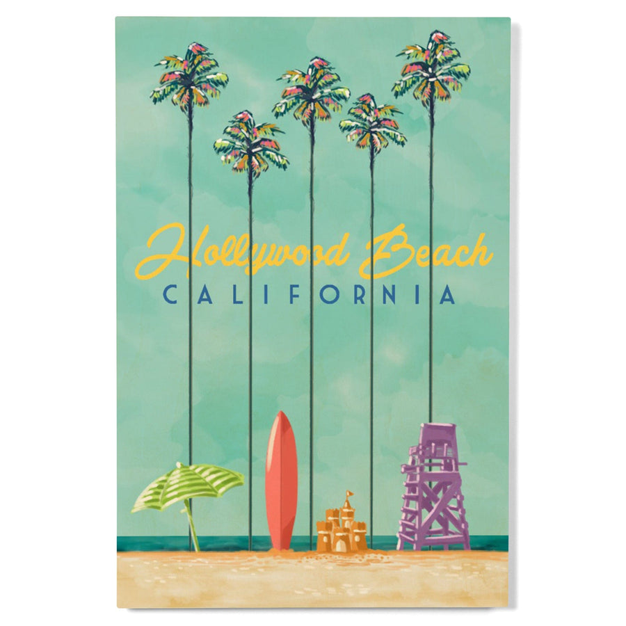 Hollywood Beach, California, Tall Palms Beach Scene, Lantern Press Artwork, Wood Signs and Postcards Wood Lantern Press 
