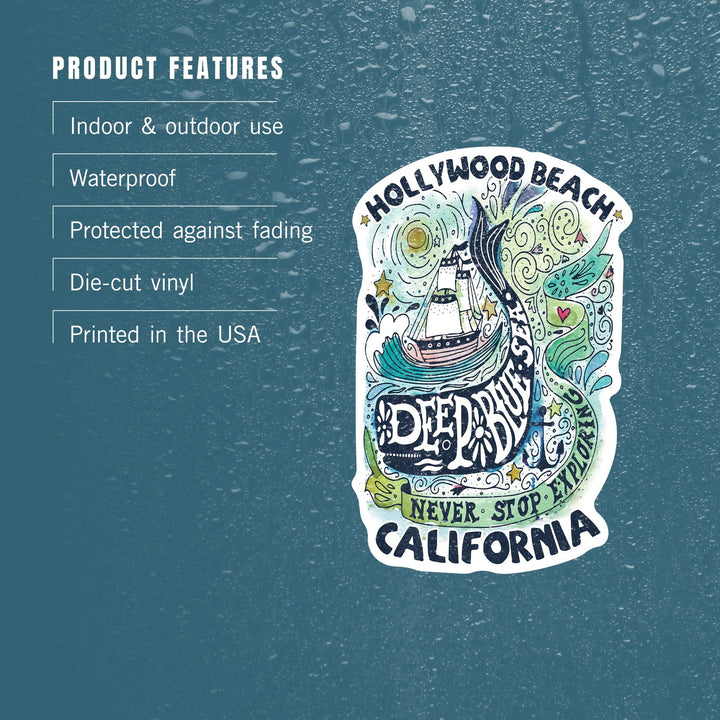 Hollywood Beach, California, Watercolor Whale, Deep Blue Sea, Nautical Art, Contour, Vinyl Sticker Sticker Lantern Press 